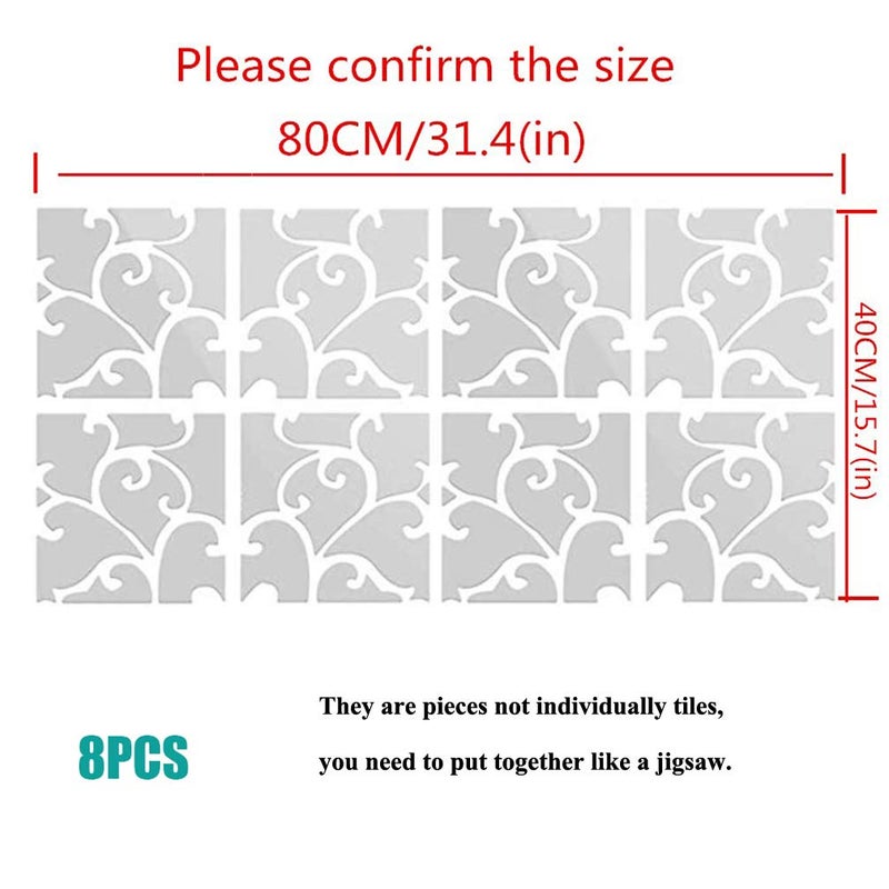 Xemz 3D Mirror Wall Stickers, Acrylic Square Geometric Pattern DIY Art Decals, Self Adhesive Mirror Plastic Wall Sheet Tiles Home Decoration for Living Room Bedroom Stair Wall Decor (Floral- 8pcs) - Image 4